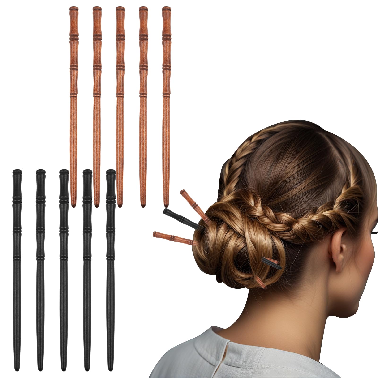 10 palillos de madera para el cabello para mujer, palillos de bambú natural para cabello largo y grueso, accesorios para el cabell