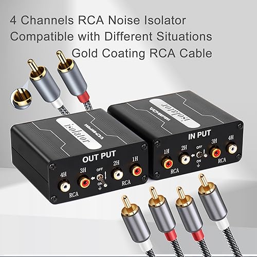 Miniatura 4 de Aislador de ruido de bucle de tierra RCA de 4 canales (sin reducir los graves) con revestimiento dorado, eliminador de sonido de altavoz, filtro de