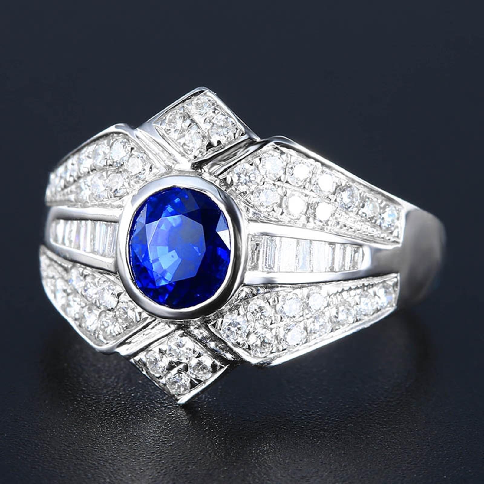 Fede nuziale da donna in oro bianco 18 carati con zaffiro blu ovale con zaffiro blu da 1,23 carati e diamanti misura 45, 45 (14.3), metallo prezioso, zaffiro, 45 (14.3), Metallo, Zaffiro