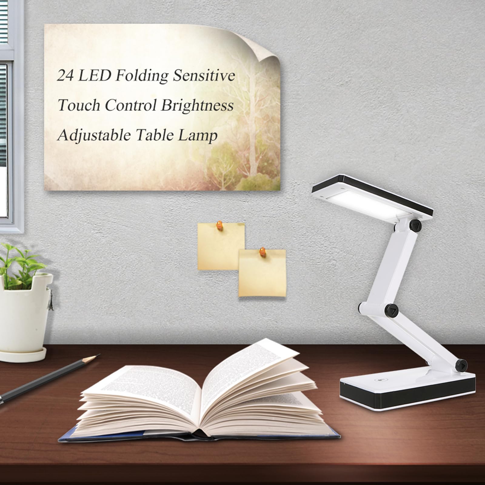LIXADA Lot de 2 lampes de bureau LED pliables - Lampe de table LED portable - Contrôle tactile - 3 niveaux de luminosité réglables - Alimentée par batterie et USB - Pour voyage, études, maison,