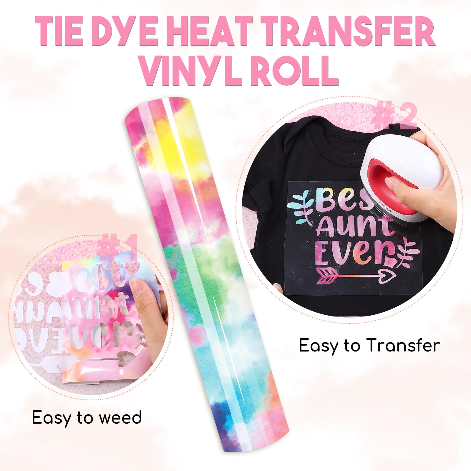 Rotolo Vinile Termoadesivo HTV Tie Dye Rosso Rosa - 30,5 Cm X 2,4 M - Per Magliette, Fai Da Te - Compatibile Silhouette - 5
