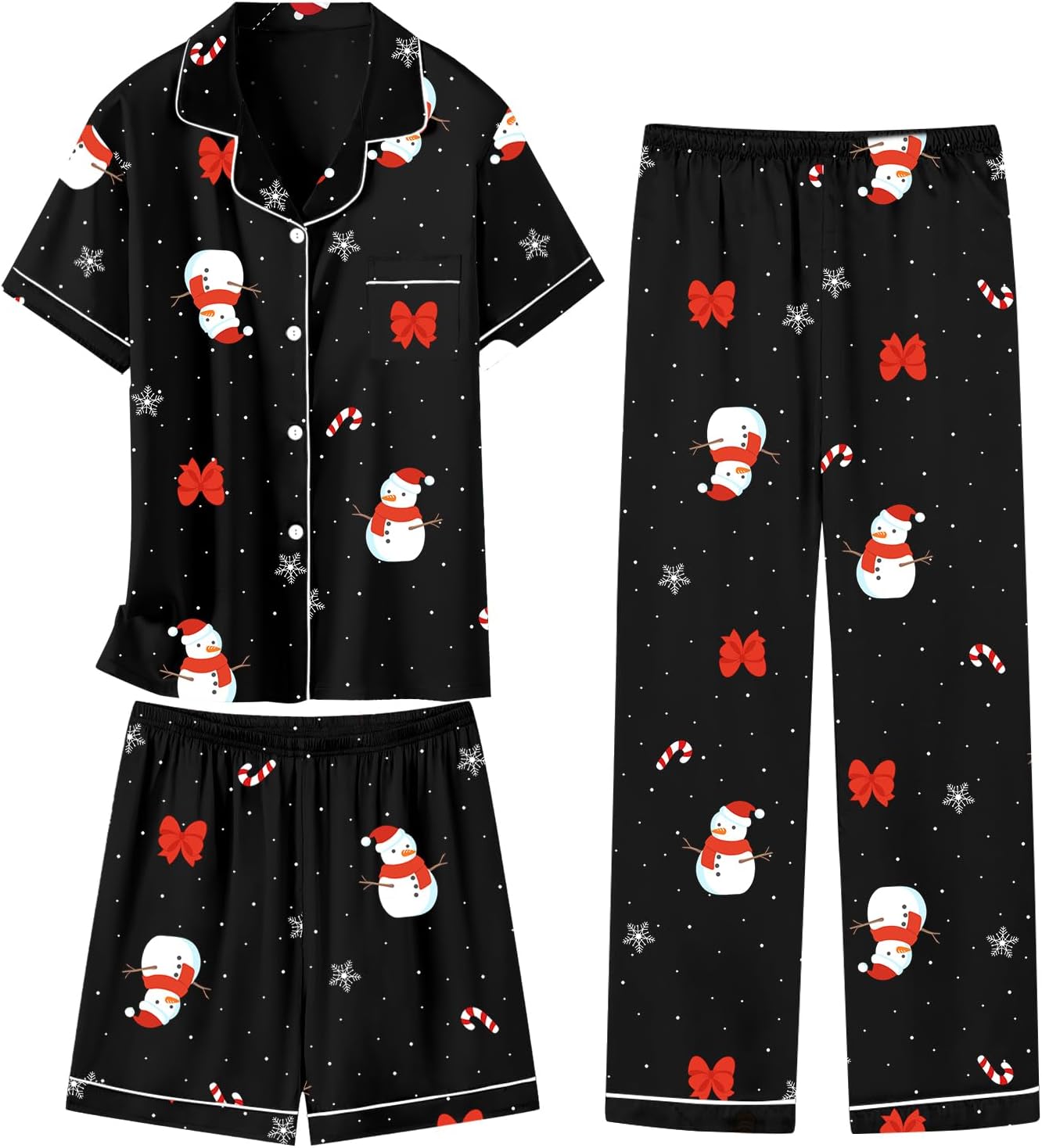 Schbbbta Girls 3 Pieces Pajamas Sets Silk Satin Sleepwear Button Down Short Sleeve Pjs Outfits