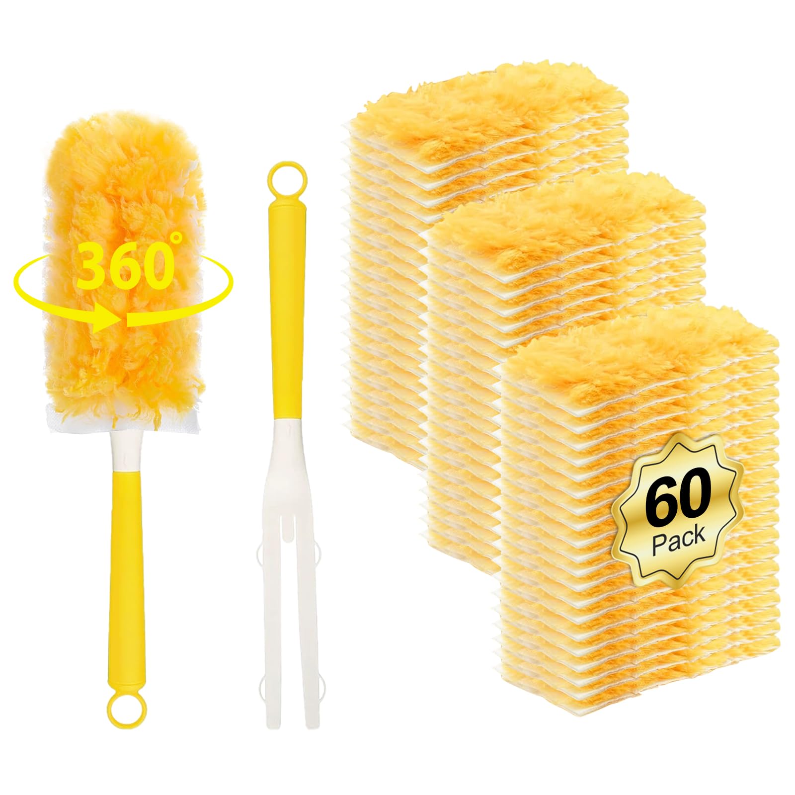 60 Count Disposable 360° Duster Refills for S-wiffer Dusters, 360 Heawy Duty Duster Kit with 2 Handle, Multi Surface Thickened Heavy Duster kit for Cleaning inclue 60 Count Dust Reflls and 2 Handle