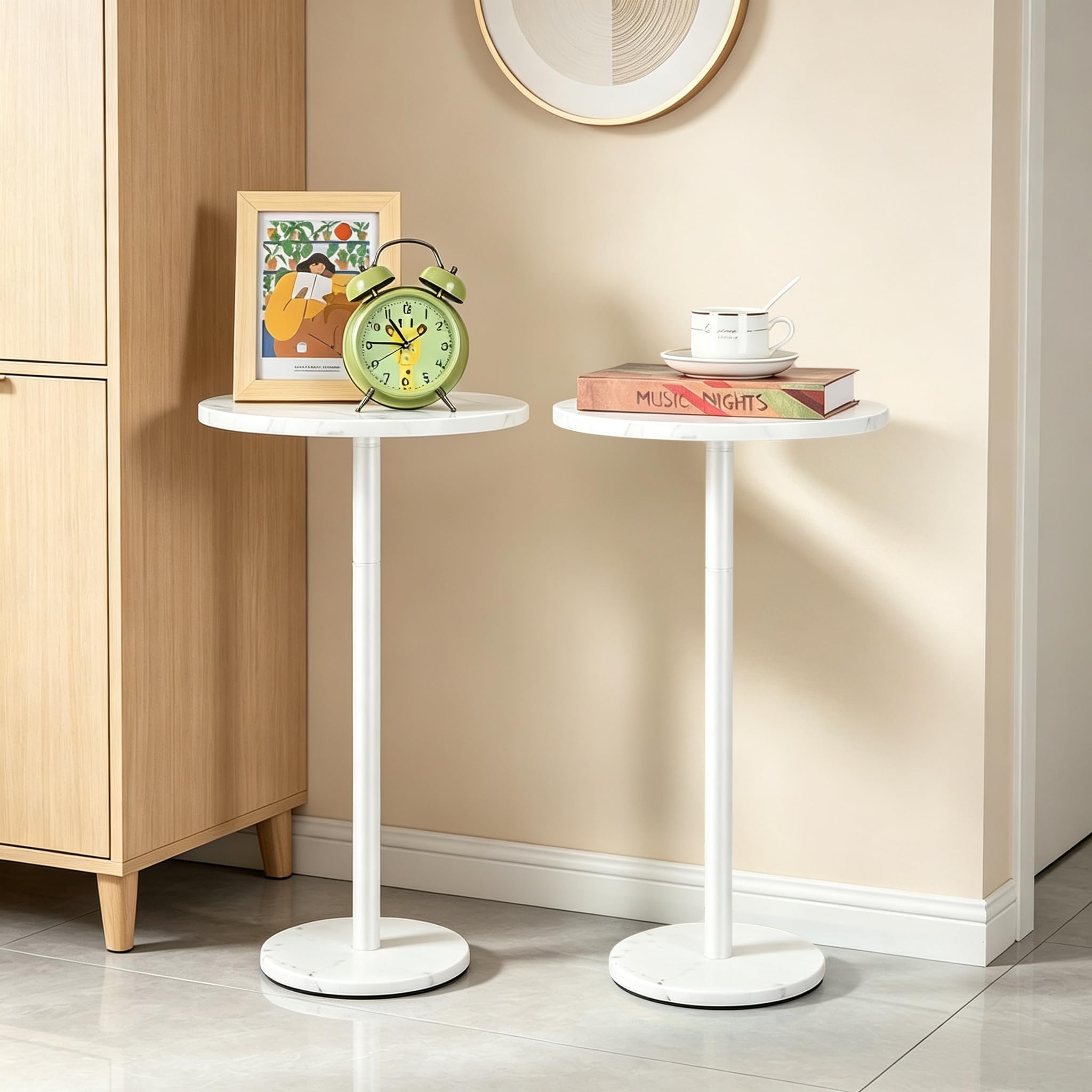 smusei 2 Packs Kleiner Beistelltisch Rund Weiß Side Table mit Marmorsockel