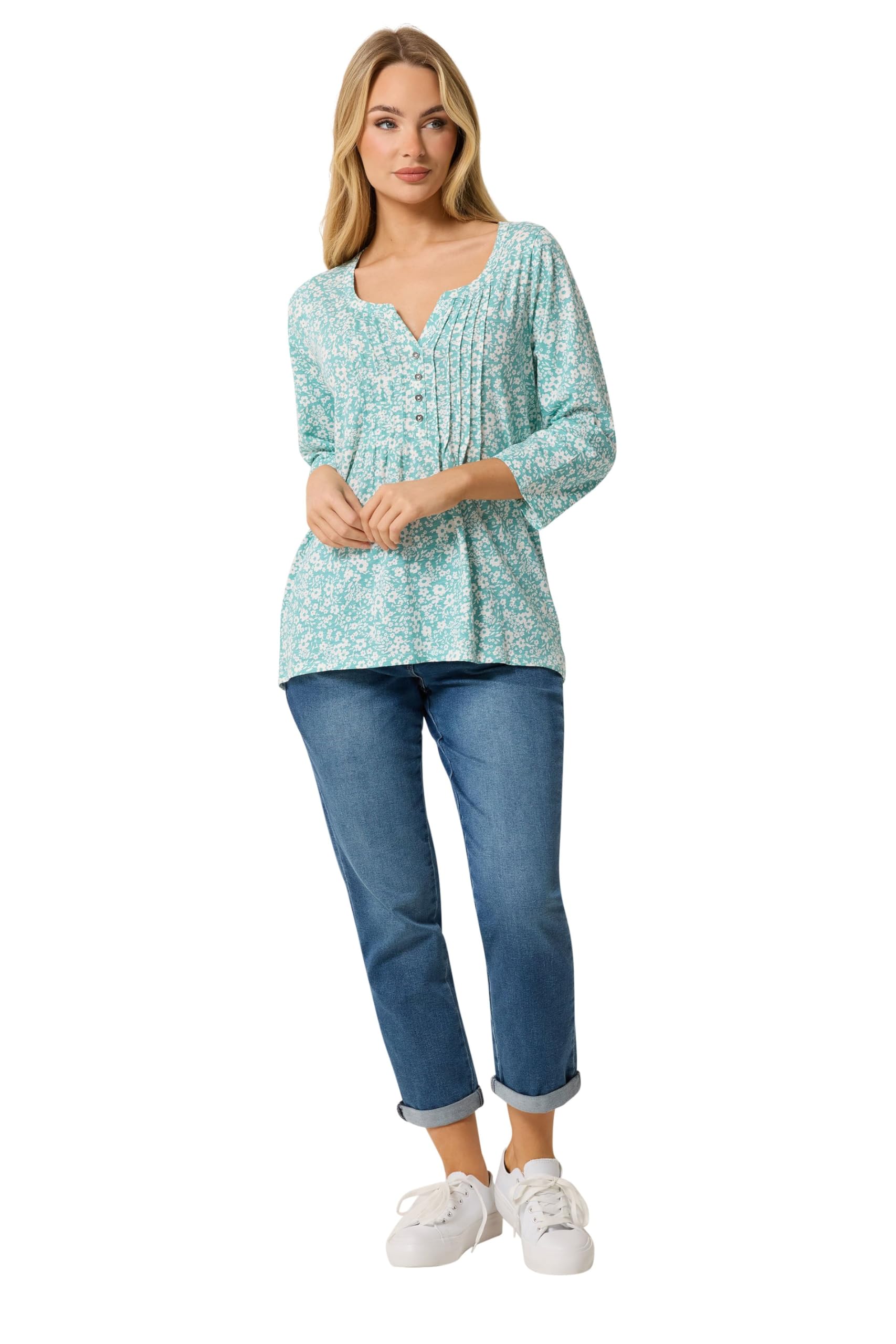 M&Co - Women's Henley Top - Cotton - Light Blue - Size 14