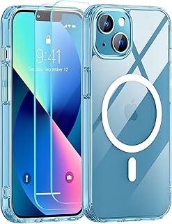 SUPFINE Magnetic for iPhone 13 Case Clear [Compatible with MagSafe][Never Yellow][2+Tempered Glass Screen Protector] Non-Slip Shockproof Phone Case,Flexible Bumper Designed for Thin Cover,Clear