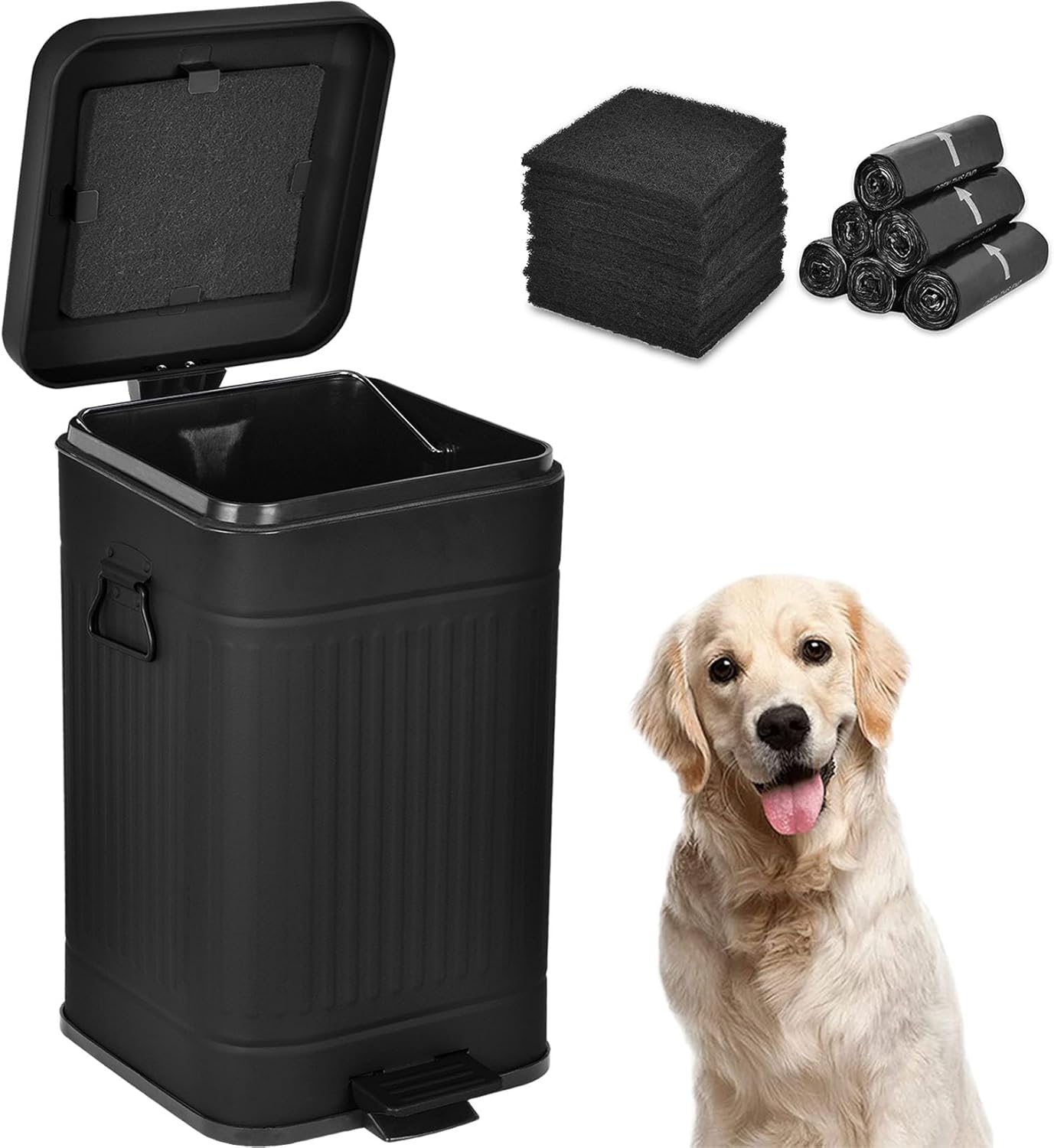 Dog Poop Trash Can with Lid for Outdoors，3.2 Gallon Trash Can with Activated Carbon Filter & Plastic Bags, Pet Waste Container，UP12L-BK-F+90BK