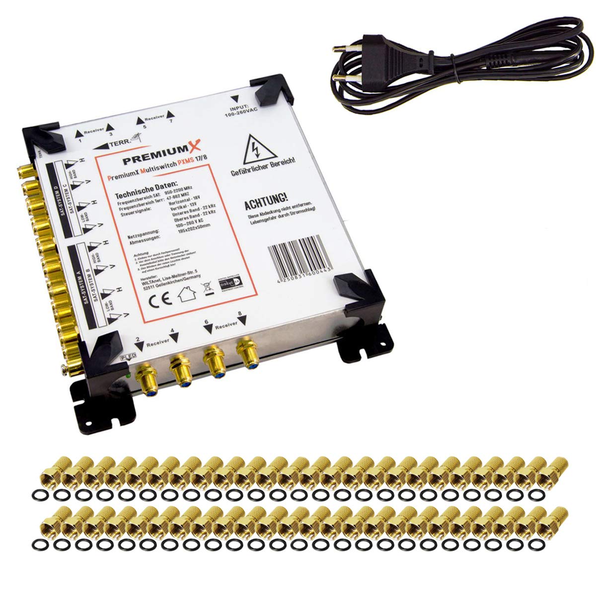 Premium X Multischalter Set 17/8 Multiswitch 48x F-Stecker, Satverteiler 4 SAT für 8 Teilnehmer