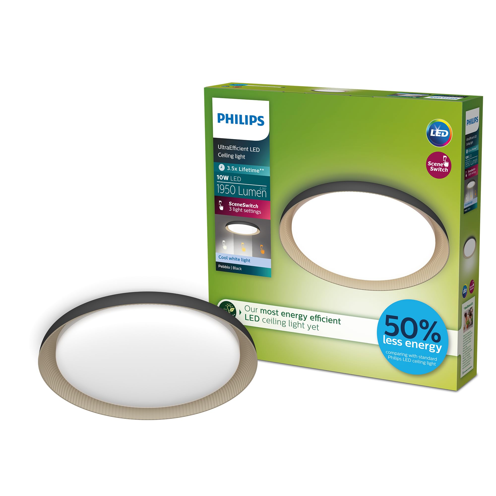 Philips Pebblo UltraEfficient Ceiling, SceneSwitch, Black, 10W, 1950Lm, 4000K, IP20