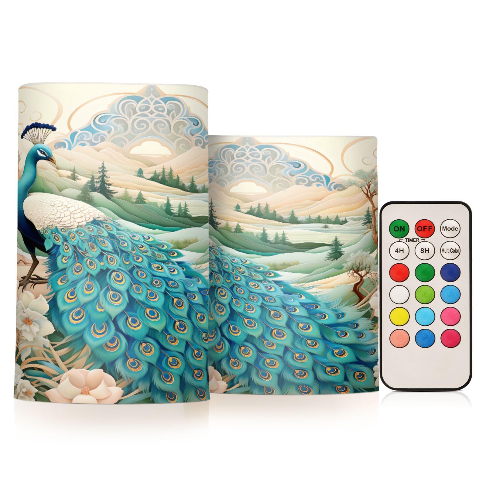 ALAZA Peacock (3) Flickering Flameless Candles Battery Operated with Remote Timer,Tea Light Candles LED Pillar Votive Candles Set of 2 for Outdoor Indoor Decorations