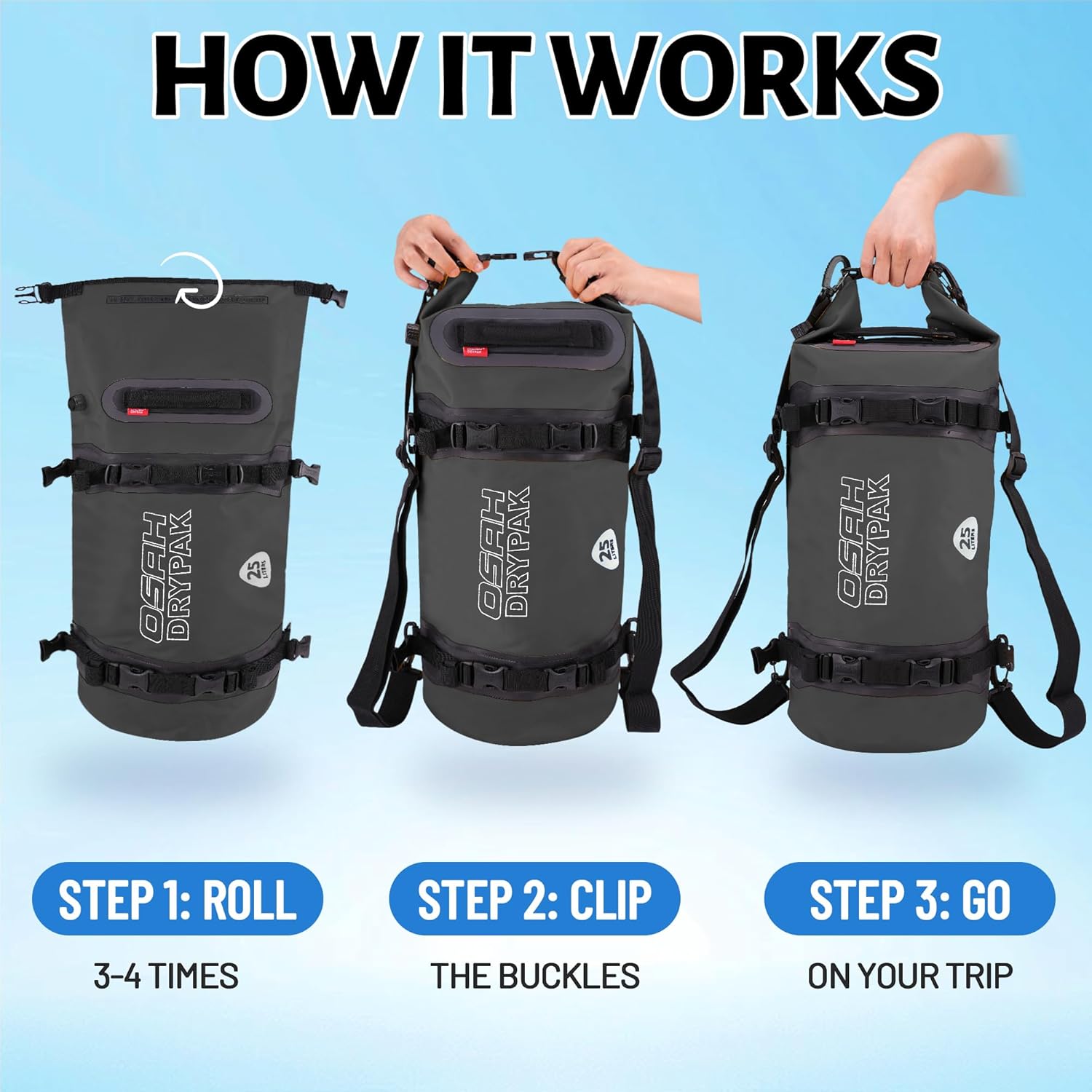 OSAH DRYPAK 25L Waterproof Dry Bag - Motorcycle Luggage Tail Bag with Straps for Back Seat, Roll Top Lightweight Waterproof Backpack Sack for Travel, Swimming, Boating, Kayaking, Camping and Beach