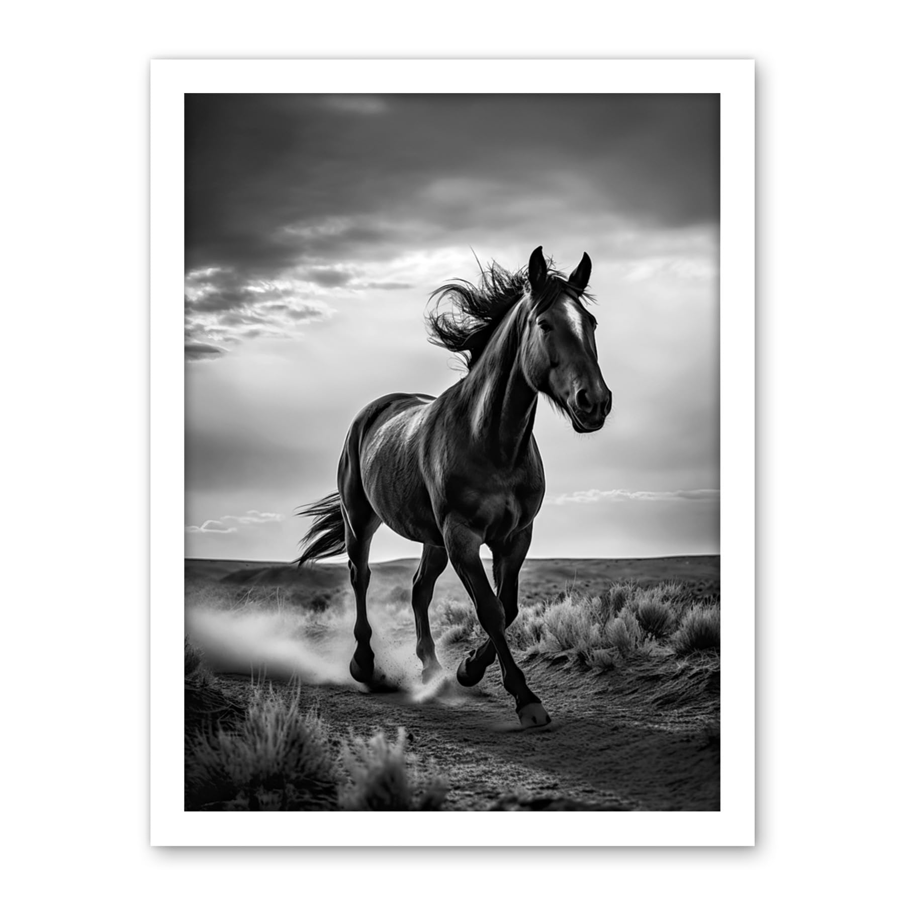 Artery8 Horse Galloping Desert Landscape Black and White Artwork Framed Wall Art Print 18X24 Inch