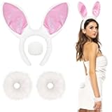 GANSHAYA 4 Pcs Halloween Bunny Girl Accessories Bunny Headband Tail White Bracelets Rabbit Costume for Women Halloween Cosplay Party Dress Up