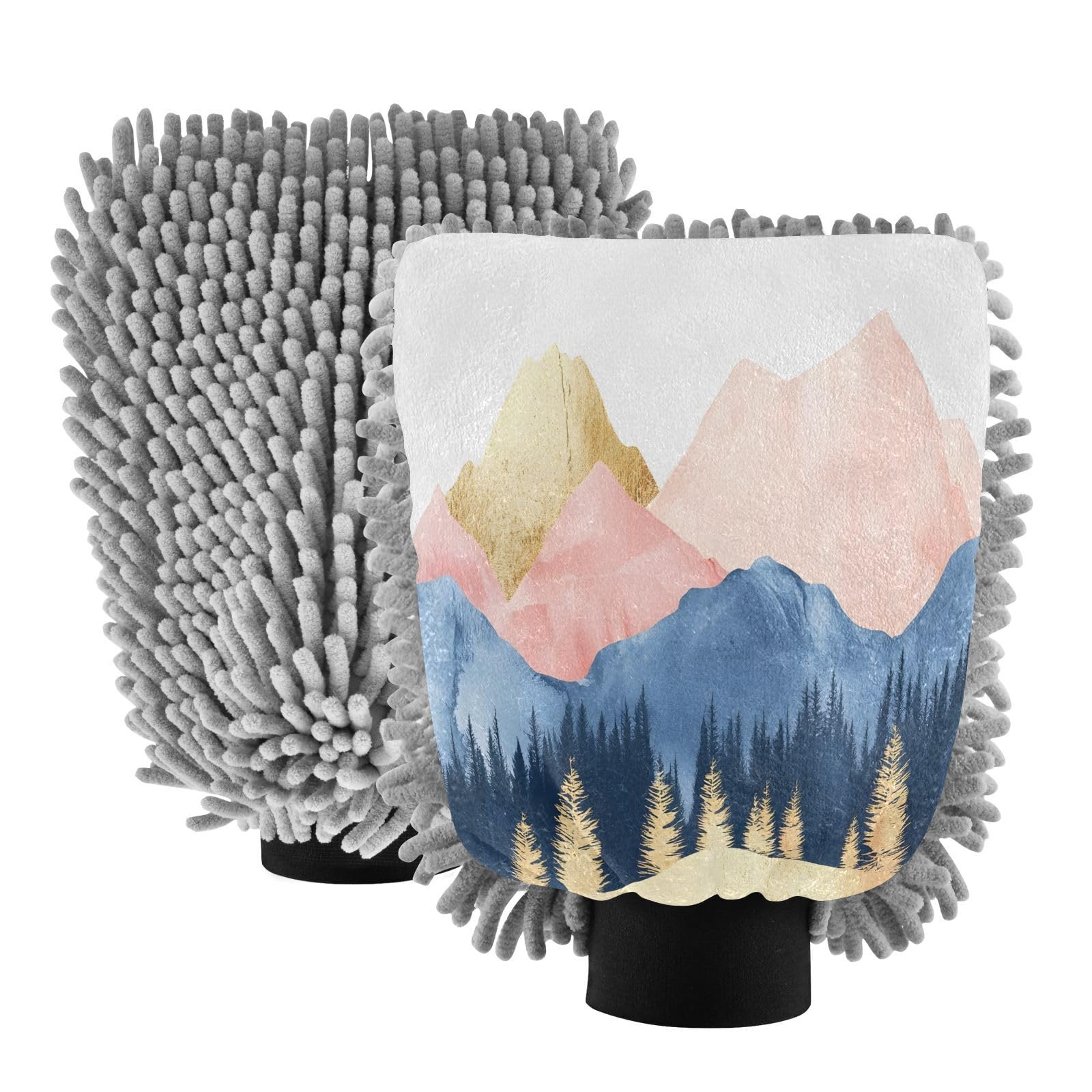Flradish 2 Pack Watercolor Mountain Car Wash Mitt Chenille Microfiber Lint-Free Scratch Free Ultra-Soft Absorbent Car Wash Mitt 10.2x7.09 Inch