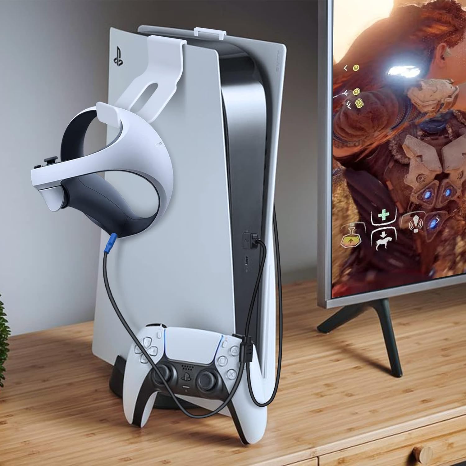 VR Charging Station Storage Set for PS5/PS VR 2 Accessories Handle Headset Storage Holder VR Stand with 2 in 1 Charging Type-C Data Cable Compatible for PS VR2, 2 Pack Controller Storage Bracket