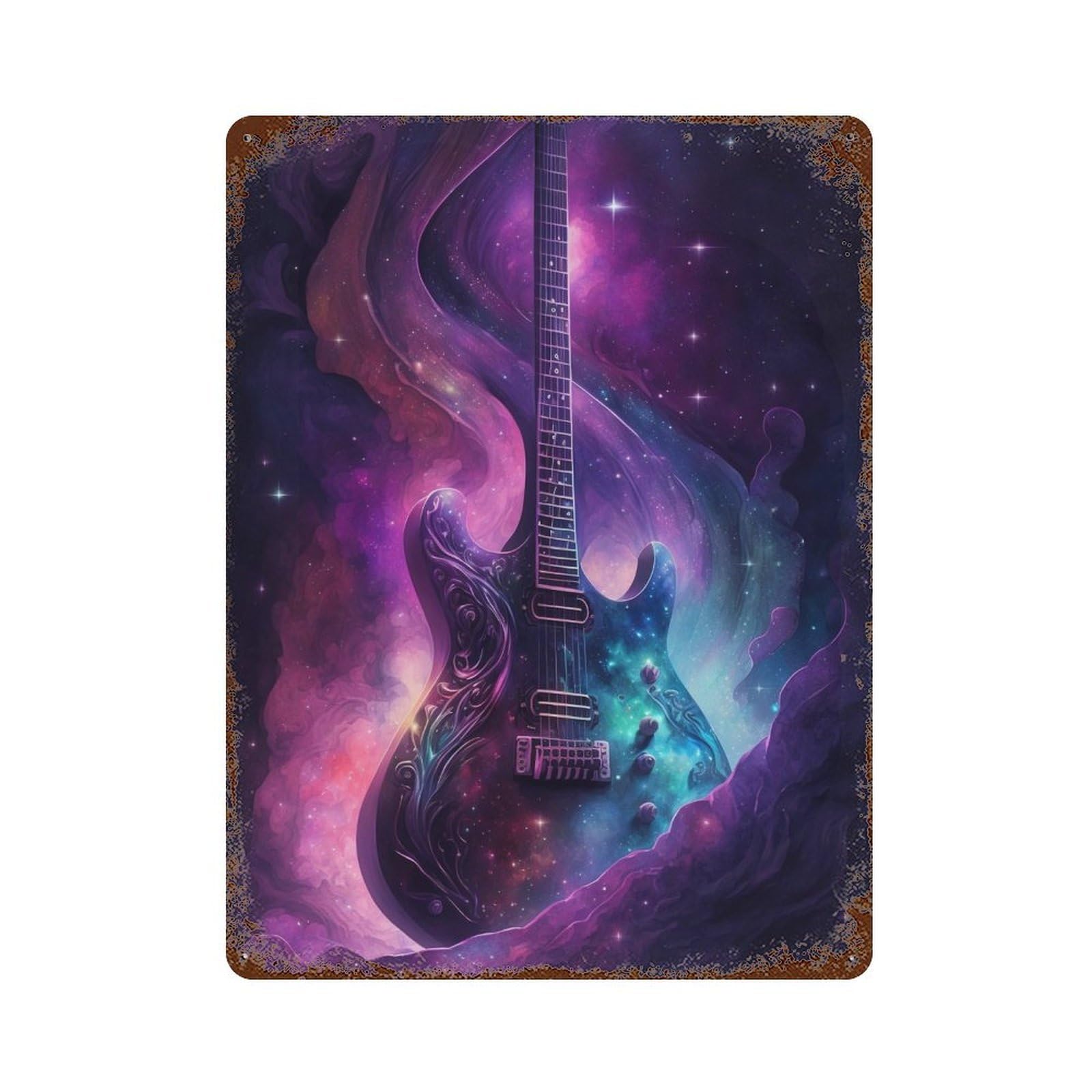 Galactic Guitar Dreams 15.7"x11.8" Distressed Metal Wall Sign, Shabby Chic Decor for Shed, Workshop And Garage Wall Decor