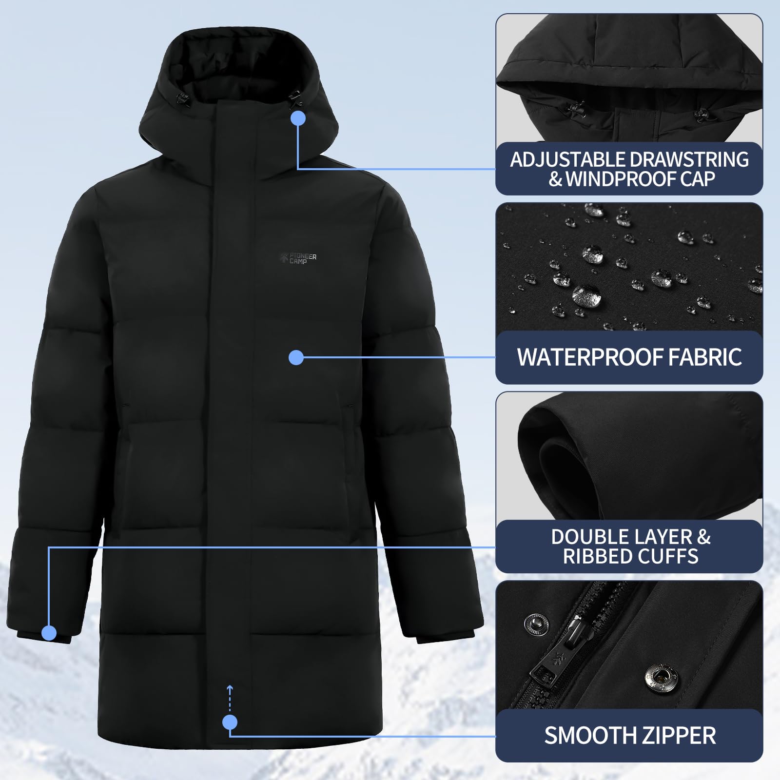 Pioneer Camp Herren Winterjacke Lang Winddicht Wasserdicht Warme Daunenjacke Winter Outdoor Parka Jacke mit Kapuze