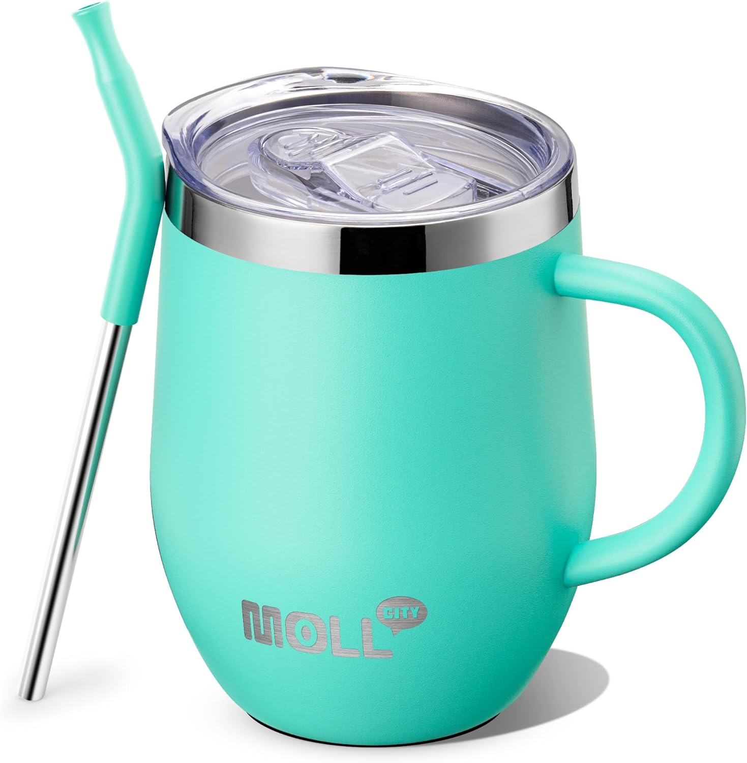 Mollcity Kids Tumbler with Handle 12 oz Stainless Steel Double Wall Vacuum Insulated Cup with Lids and Straws-Reusable Metal Tumbler for Girls (Teal)