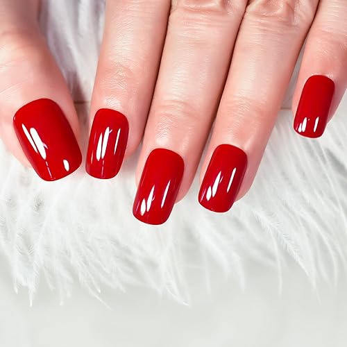 ELEVENAIL Glossy Red Press On Nails Medium Length Squoval Solid