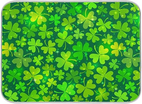 Qilmy St. Patricks Day Shamrock Dish Drying Mat Water Absorption Tableware Drying Mat for Kitchen Countertop Home Decoration, 16 x 18 Inch Non Slip Dish Mats, Heat Resistant Countertop Protection