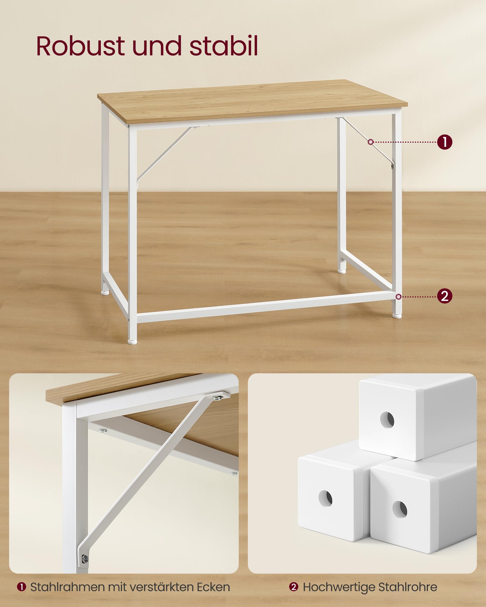 VASAGLE Tisch, Computertisch, Bürotisch, 100 x 50 x 76 cm, für Arbeitszimmer, Schlafzimmer, Wohnzimmer, natureichenfarben-perlweiß LWD041W70V2