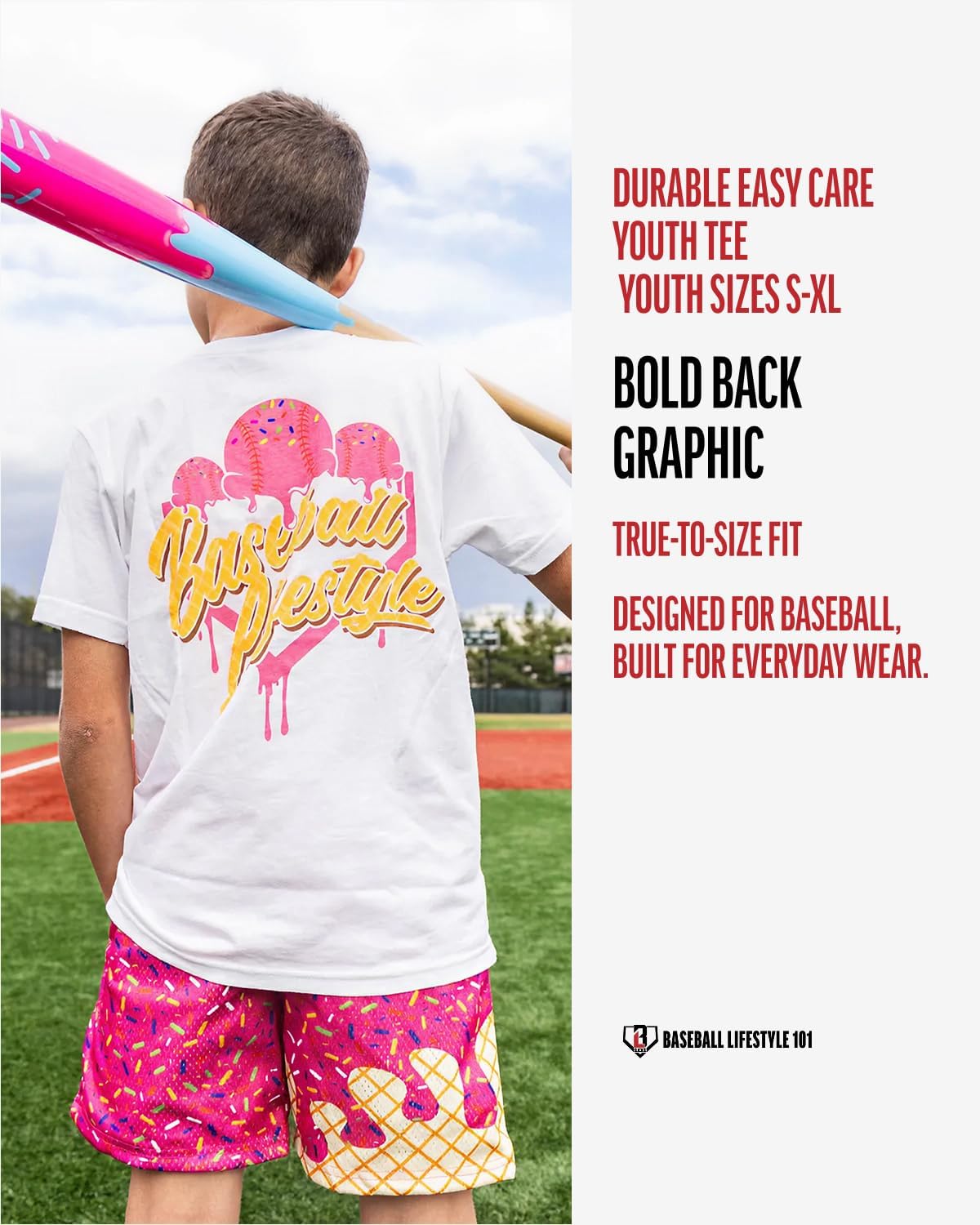 Baseball Lifestyle 101 Ice Cream Youth Tee for Boys - Strawberry, Soft 60/40 Blend, Breathable, Side-Seamed, Sizes Youth S-XL - Image 6
