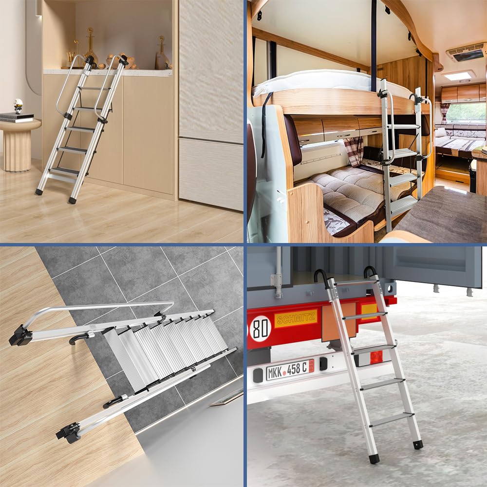 Robuste Etagenbettleiter aus Metall, 4 Stufen, faltbar, Aluminiumleiter mit Handlauf und Haken für Wohnheim, Dachboden und Camper