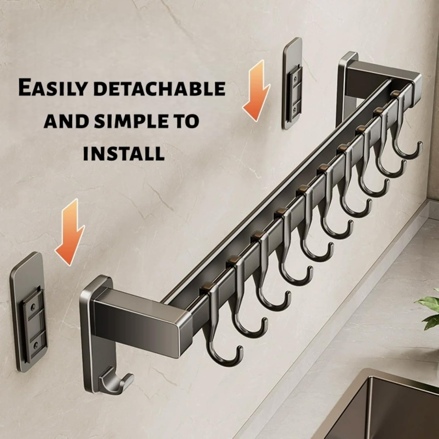 Wall Mounted No-Drill Adhesive Kitchen Rail, Heavy Duty Detachable Multifunctional Pot Pan Utensil Knife Lid Hanger with 8 Hooks for Space-Saving Kitchen Organization Knife and Lid Rack