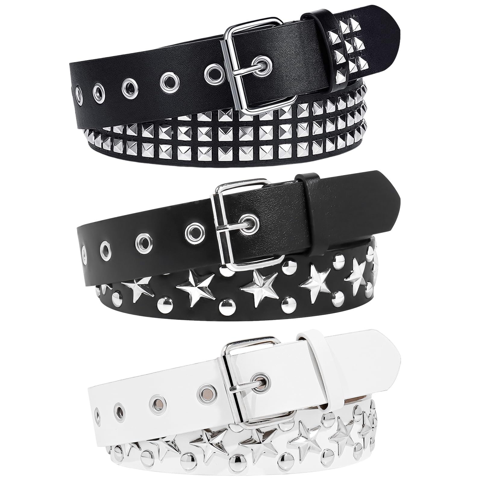 3 Pcs Black White Star Belt Studded Y2K Belt Punk Rock Belts with