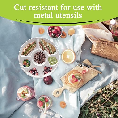 Miniatura 3 de Three Leaf Plato redondo de bagazo de 7 compartimentos, 200 unidades, platos de bagazo desechables naturales y ecológicos, 100% biodegradables,