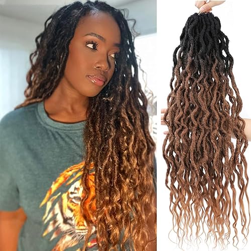 Goddess Locs - Extensiones de cabello sintético de ganchillo preenrolladas, color marrón degradado, trenzas bohemias suaves con extremos rizados, 26