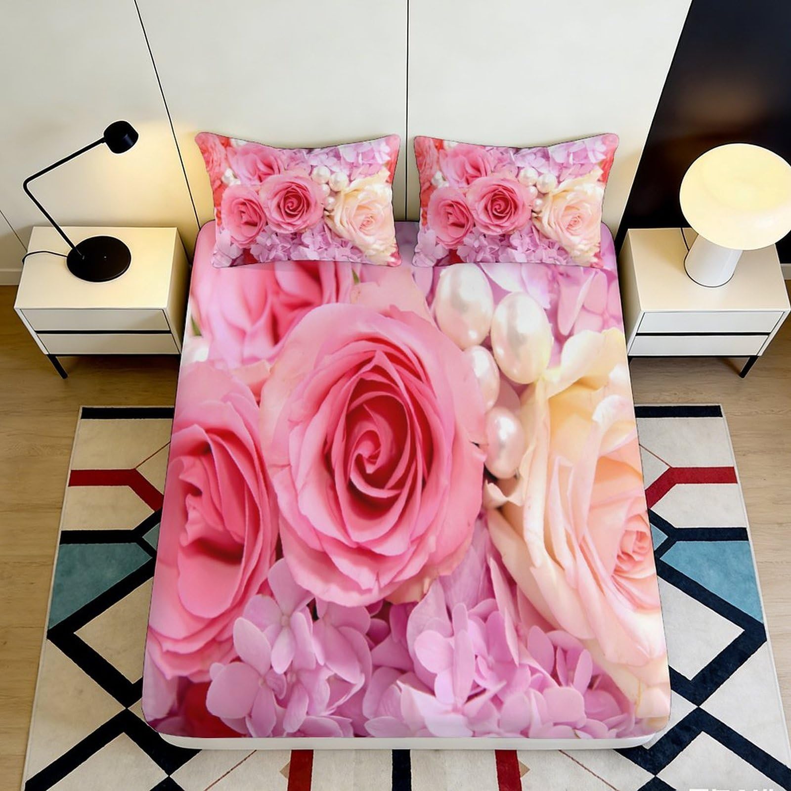3D Printed Pink Rose Floral Fitted Sheet Microfiber Soft Breathable Hydrangea Bed Cover for Bedroom Dormitory Guest Room Mattress Protection Decor 160x200x25cm
