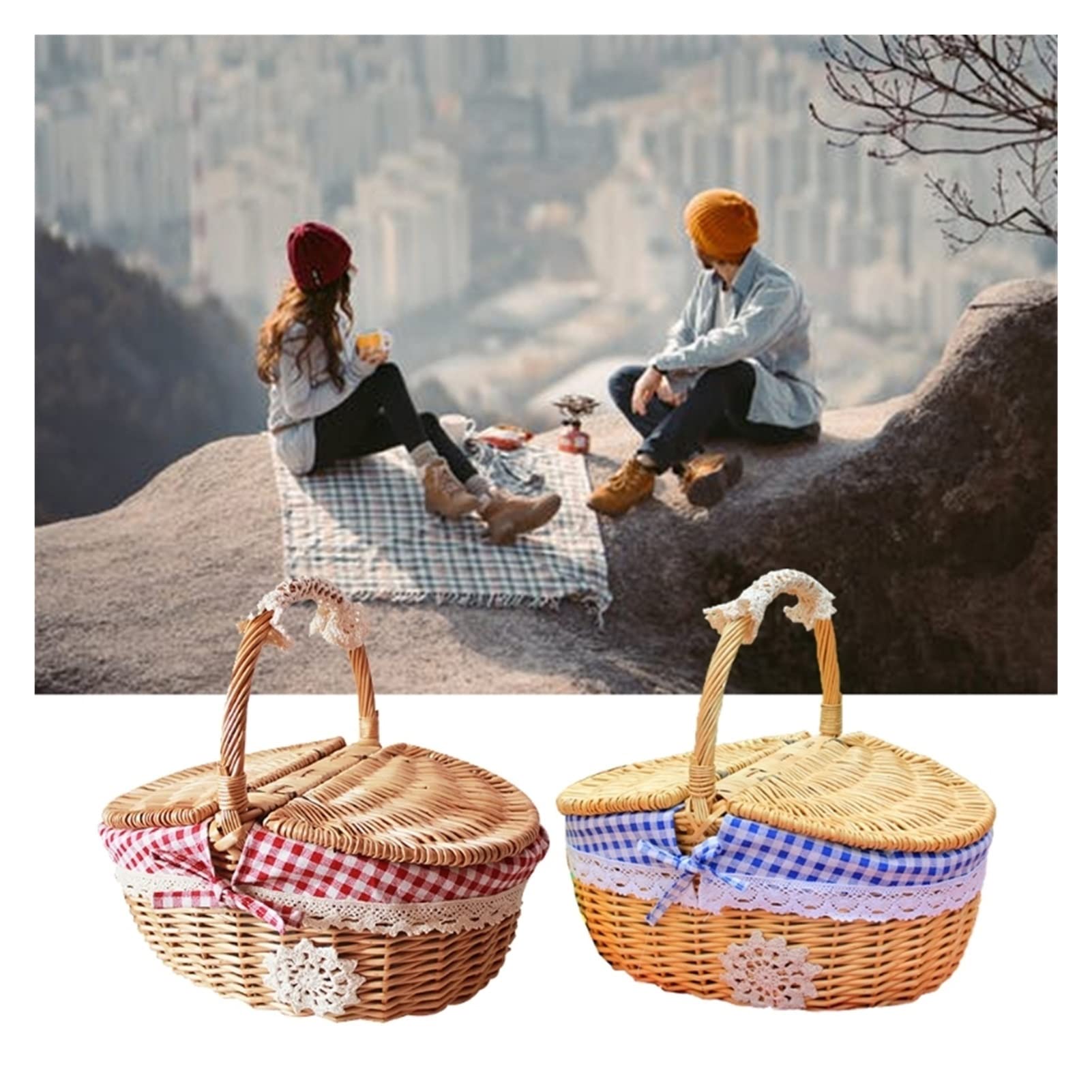 Outdoor Picnic Basket Styl Country z pokrywką i uchwyt Wyściełany Przechowywanie (Color : Blue)