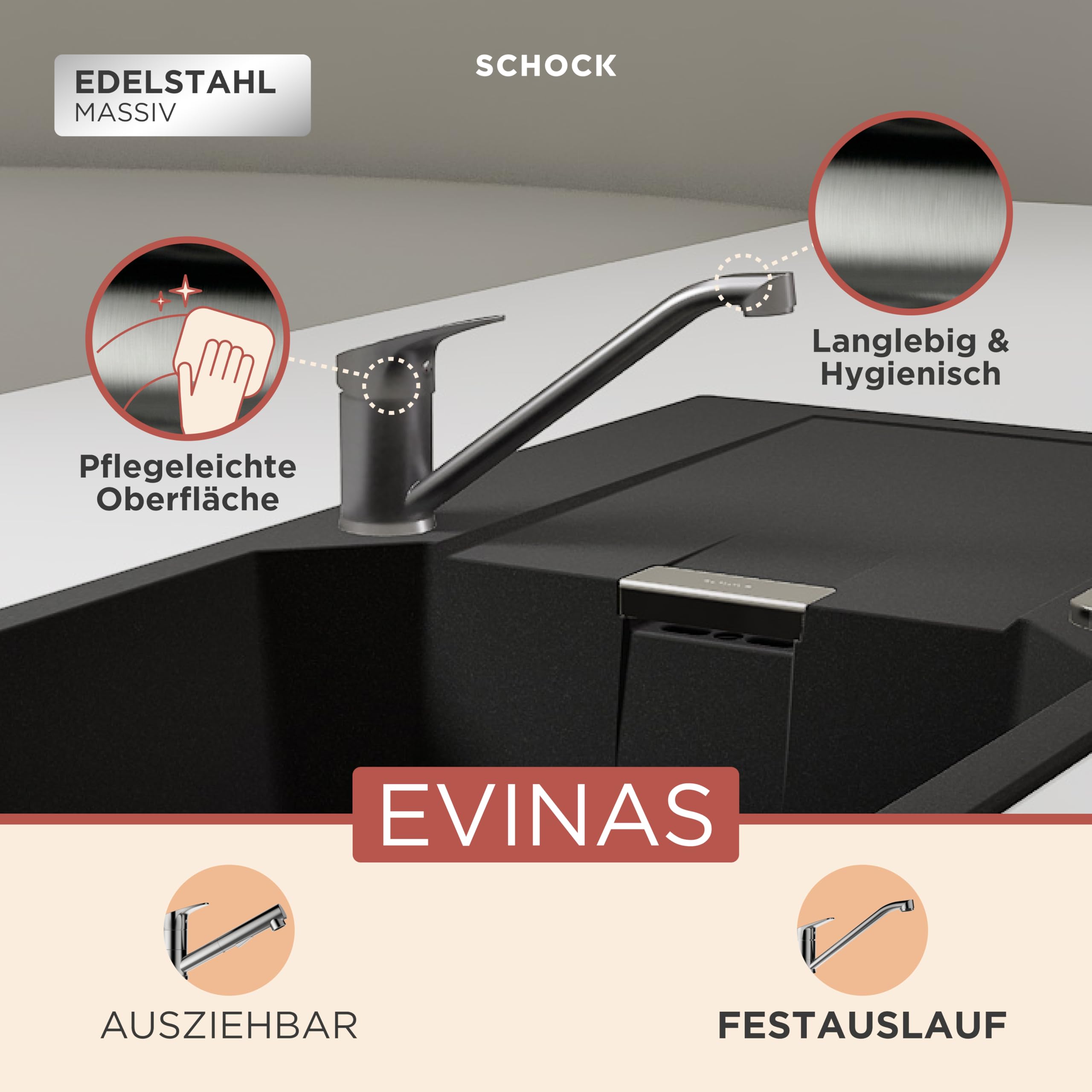 SCHOCK® Küchenarmatur Evinas Edelstahl I Hochdruck Einhebelmischer 360° drehbar I Armatur mit platzsparendem Festauslauf I Flüsterperlator für leisen Wasserstrahl