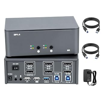 KVM Switch 2 Monitors 2 Computers, 8k Displayport Switch with USB 3.0, Jack, 2 Computers Share a Set of Keyboard, Mouse, Support Windows/Mac/Linux Dual Monitor