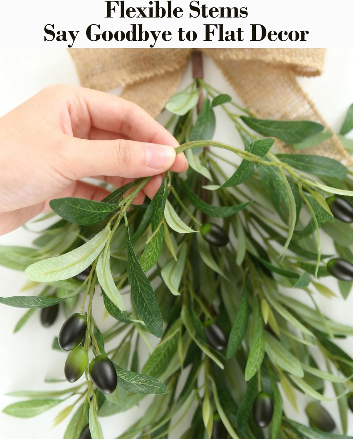 2 PCS Artificial Olive Teardrop Swag 23.6 Inch Large Faux Greenery Olive Branch Swag with UV Resistant Coating, Burlap Bow for Front Door Kitchen Cabinet Wall Lush Farmhouse All Seasons Decor