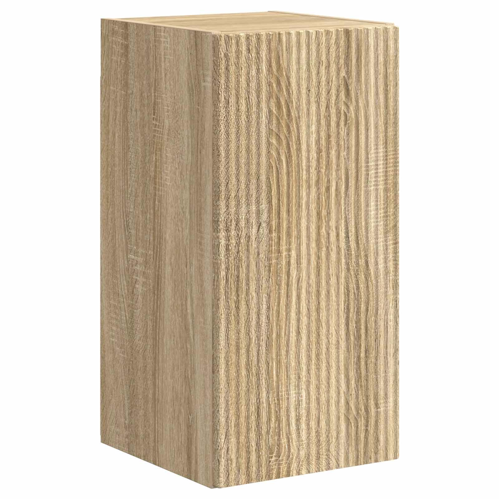 Moderno mueble de TV montado en la pared de 5 piezas en roble Sonoma de madera, compuesto por dos armarios de pared y tres armarios de TV para un amplio almacenamiento de dispositivos