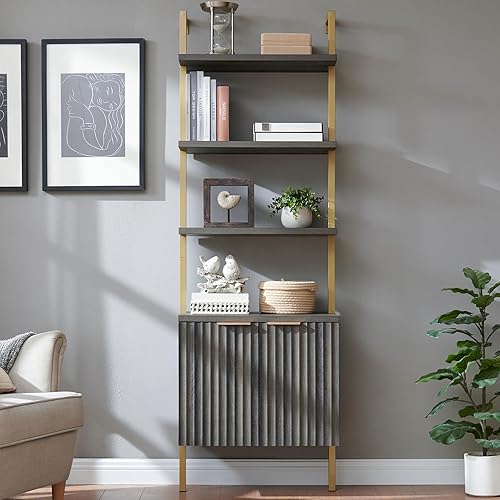 Miniatura 3 de OAKHAM HOME Estantería alta con gabinete, estantería abierta con escalera de 5 niveles, estante para libros montado en la pared con estante de