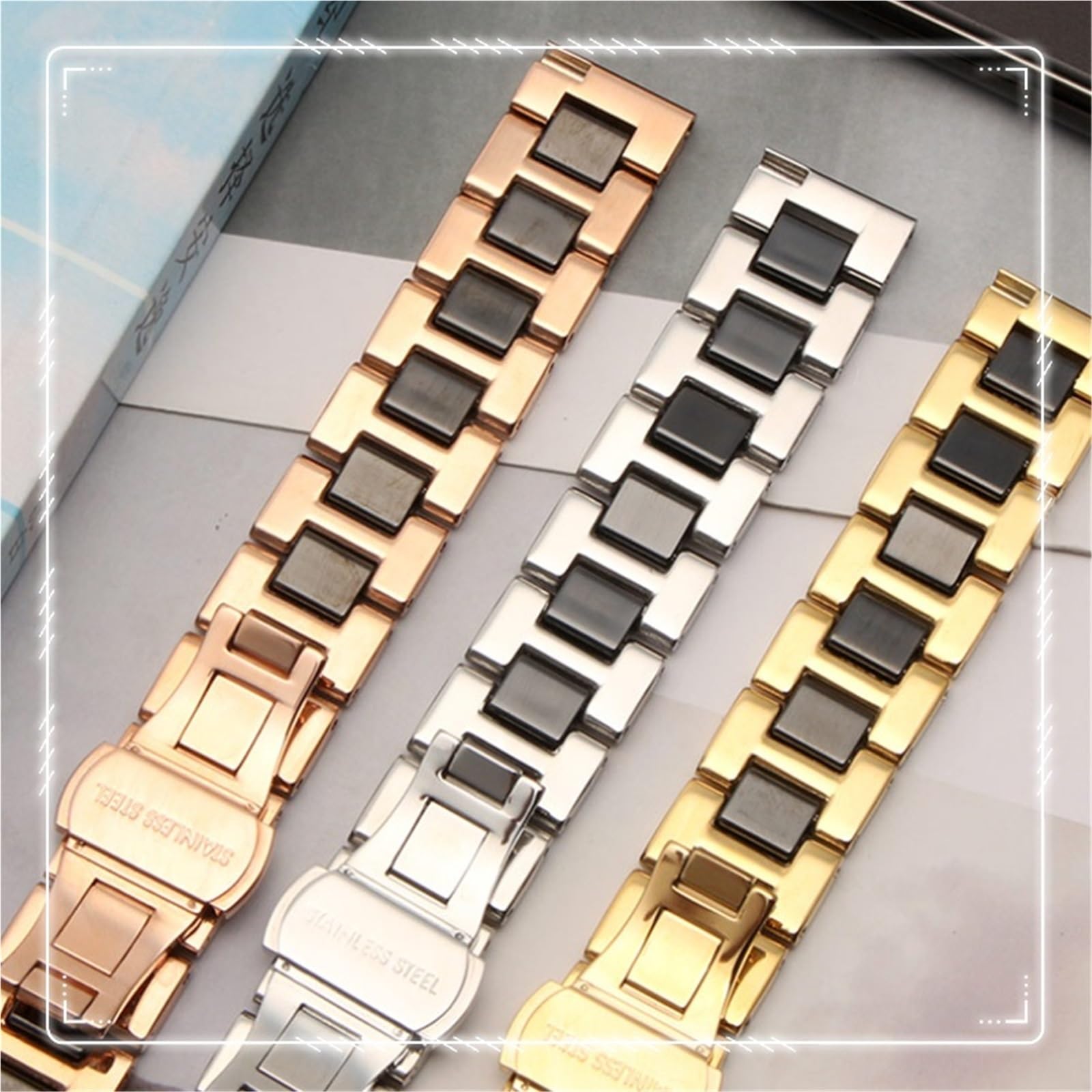 Pulsera de cerámica para Hombre y Mujer, Correa de Reloj de Acero Inoxidable combinada, Correa de Reloj de Moda (Plata Blanca, 15 mm)