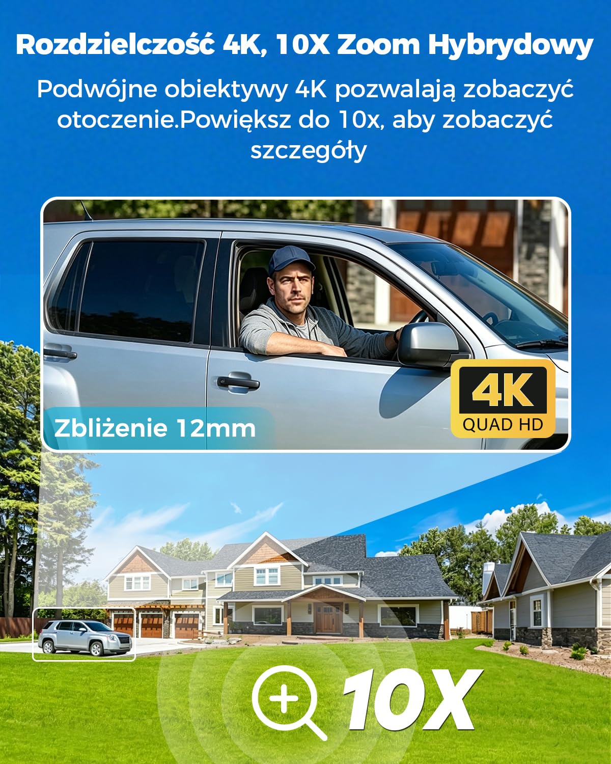 GENBOLT 4K WiFi Kamera Zewnętrzna,Kamera CCTV IP z Podwójnym Obiektywem 8MP | 10X Zoom Hybrydowy,Nagrywanie 24/7,2.4/5GHz,Kamera PTZ,DC&POE,Kolorowe Widzenie Nocne,Wykrywaniem Osób/Pojazdów,IP66