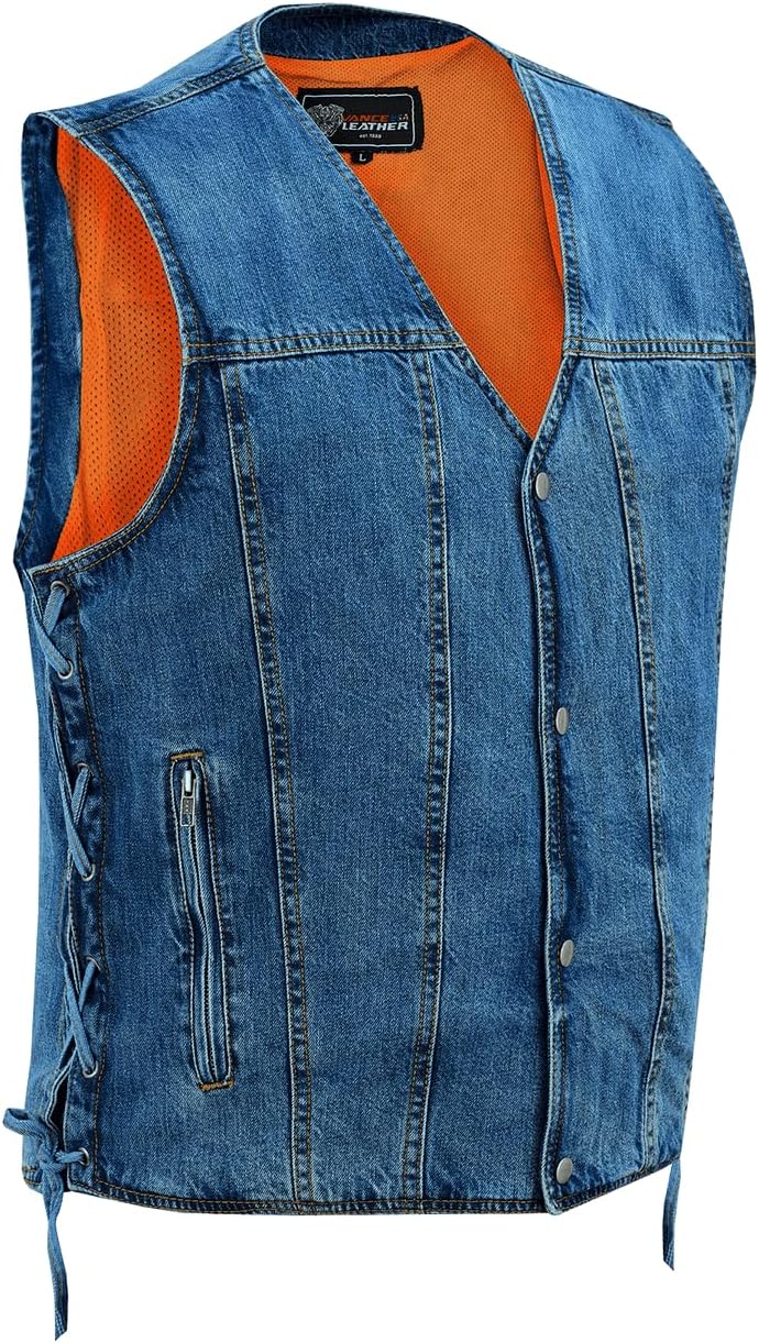Vance Men's V-Neck Denim Vest for Motorcycle Riders with Conceal Carry Pockets