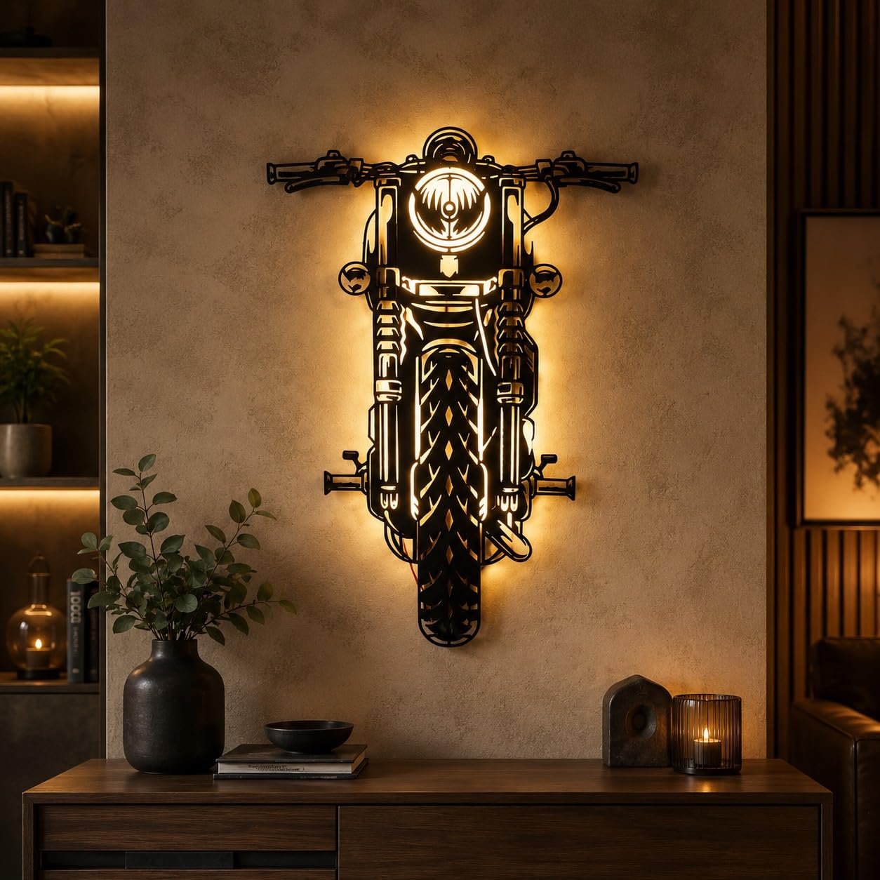 METSY Motorcycle Metal Wall Art with Warm LED Light, Black Powder Coated Iron Wall Hanging, Laser Cut Bike Wall Decor for Living Room, Garage, Office, Bedroom & Man Cave, Ready to Hang-image-33