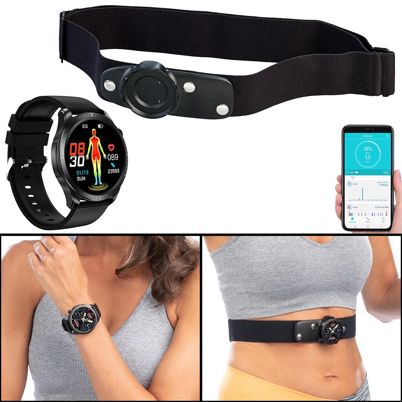 newgen medicals monitor della frequenza cardiaca: Fitness smartwatch con fascia toracica, Display a colori Full-Touch, Contapassi (orologio ECG, smartwatch frequenza cardiaca pressione sanguigna)