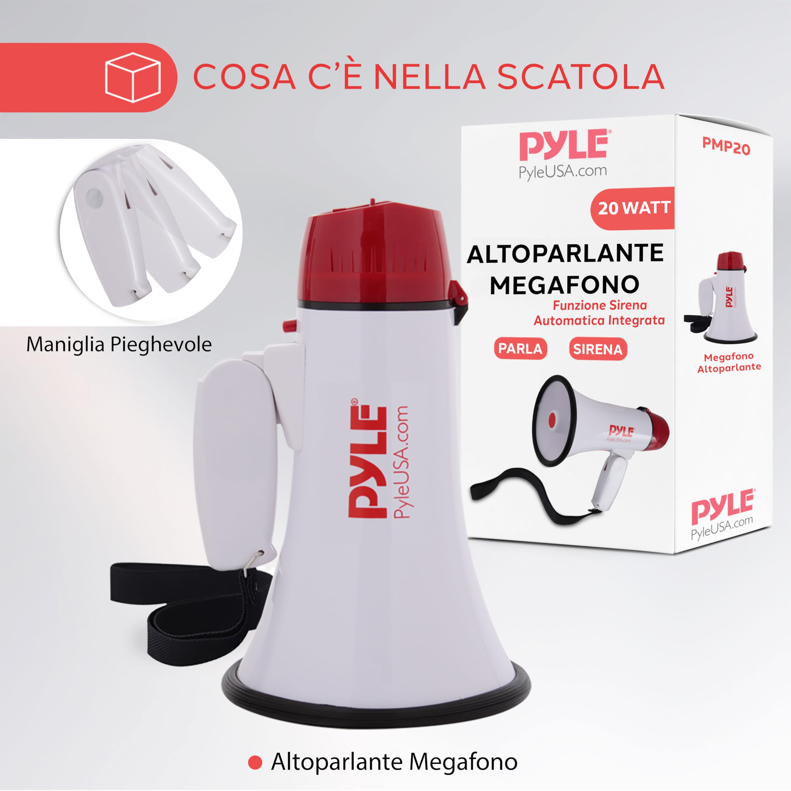 Pyle Megafono PA Bullhorn, Megafono Portatile 20 Watt e Controllo Volume Regolabile con Sirena Integrata & Portata di 730 Metri per Sport e Sicurezza