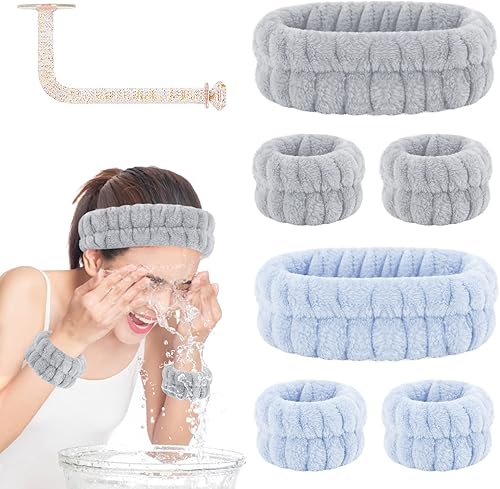Juego de 2 diademas y muñequeras para lavado de cara, toallas de muñeca para lavar la cara con soporte, pulseras de microfibra para lavar la cara,