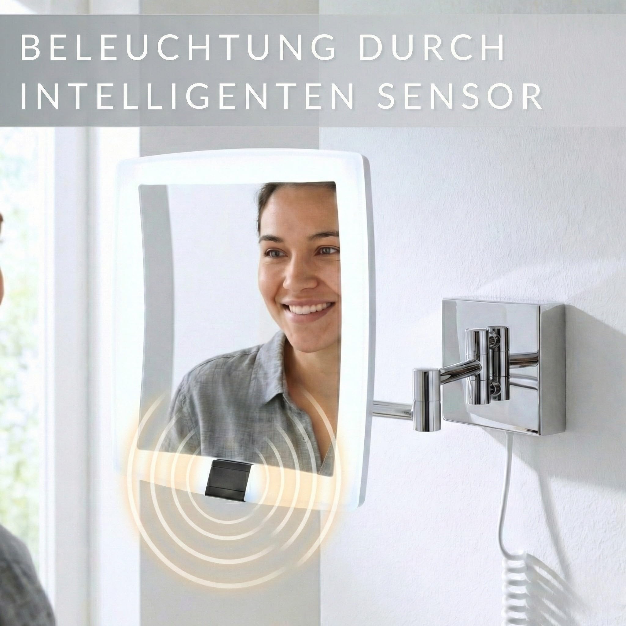 LED Kosmetikspiegel Verona – eckiger 5-facher Vergrößerungsspiegel mit Sensor & Wandmontage – Schminkspiegel mit automatischer LED-Beleuchtung, ausziehbarem Gelenkarm & weißem Kabel