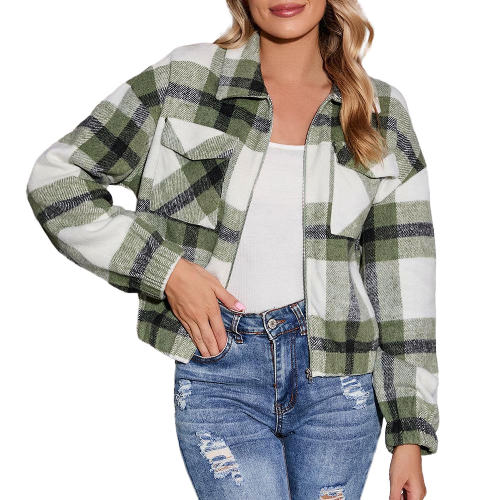 Chaqueta Mujer Invierno Abrigos De Cazadora Forro Polar，Chaqueta polar mujer con cremallera diseño corto a cuadros abrigo para invierno chaqueta acogedor de otoño informal y versátil con bolsillo
