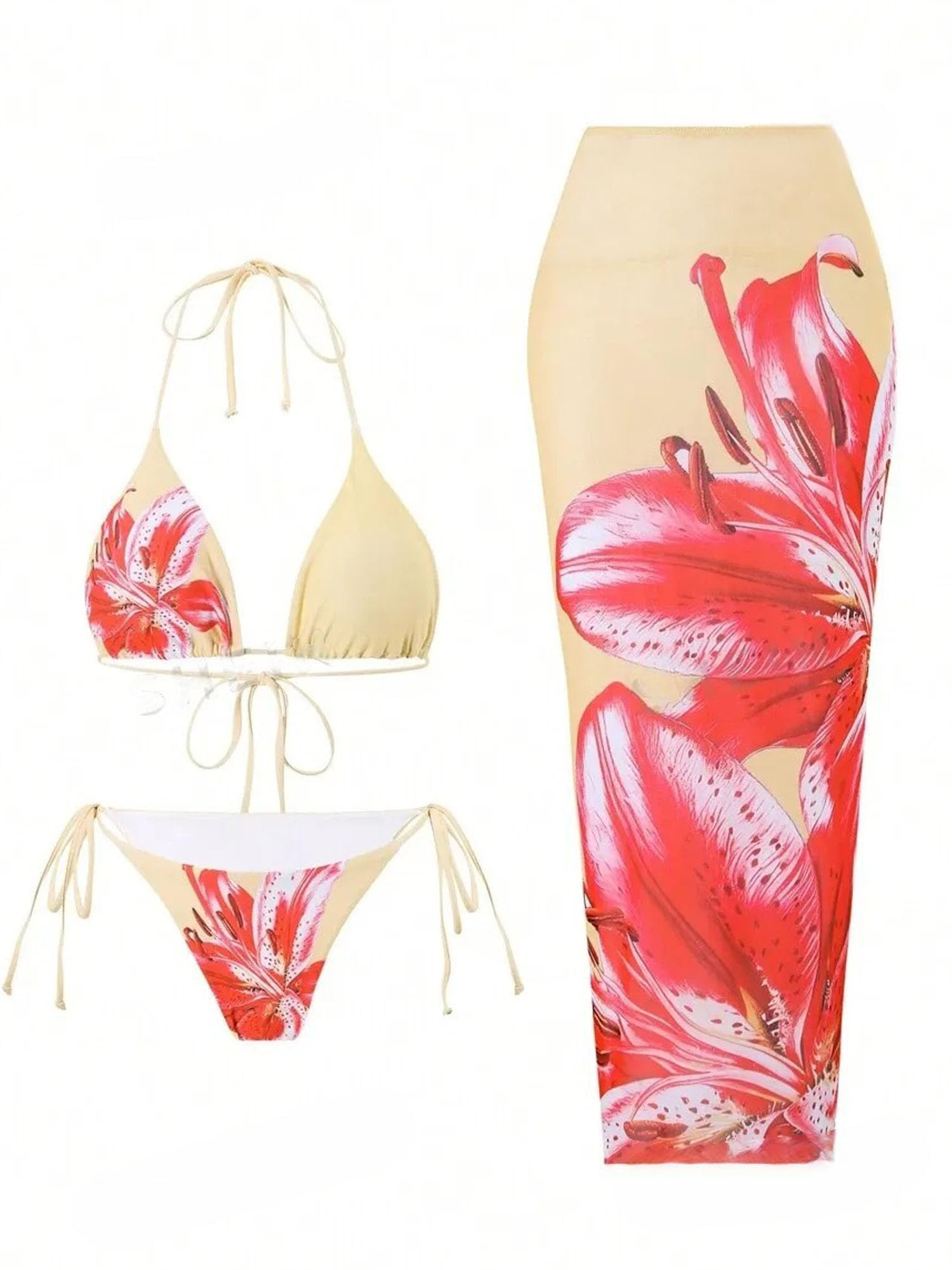 ZAFUL Conjunto de bikini para mujer, 3 piezas, diseño de flores tropicales, parte superior de bikini triangular, parte superior de bikini, parte inferior de bikini con vestido largo de playa