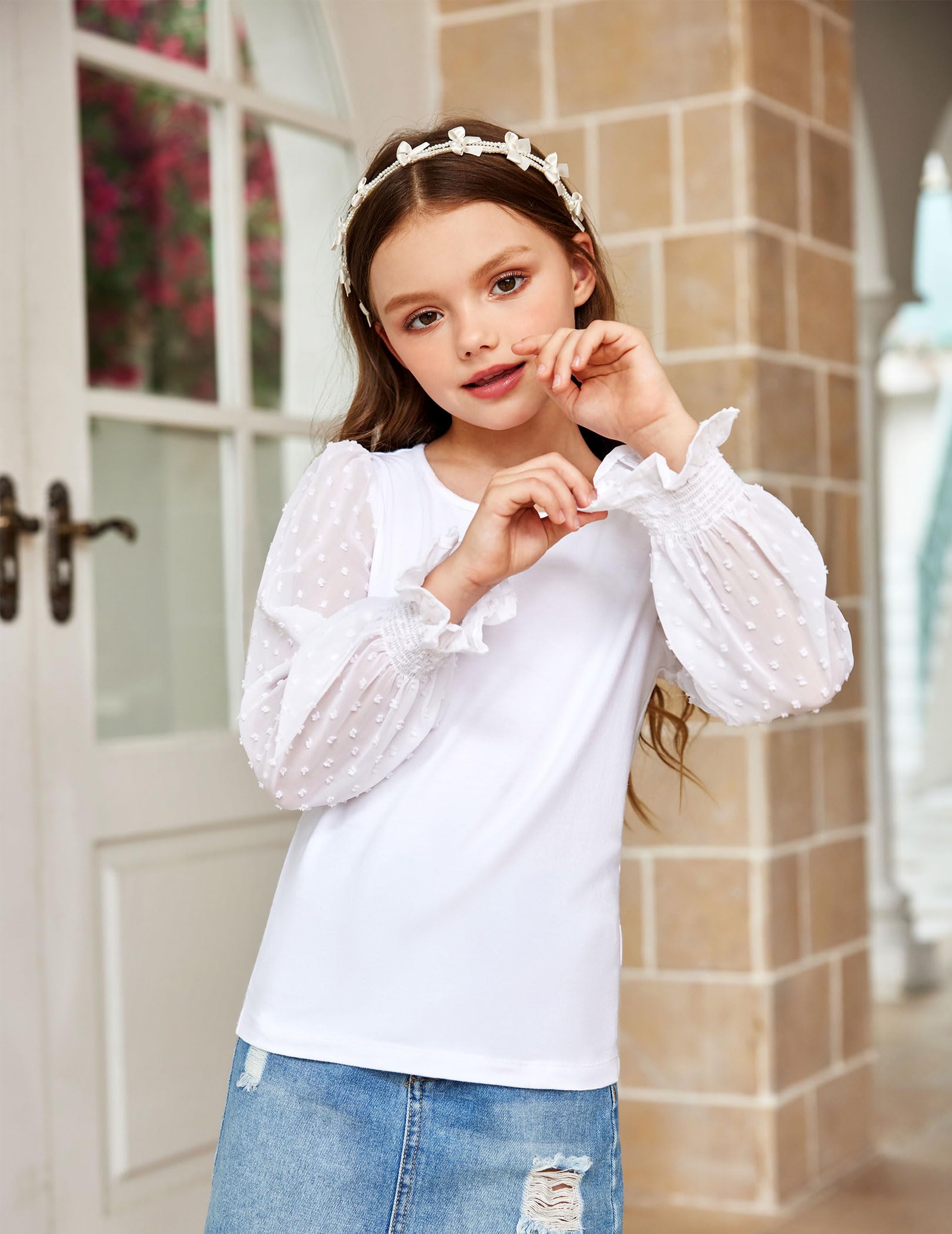 Arshiner Mädchen Langarmshirt mit gesmokten Rüschenmanschetten Polka Schweizer Dots Kinder Pullover Shirts Süßes Rundhals Oberteil Bluse für Mädchen 5-12 Jaher