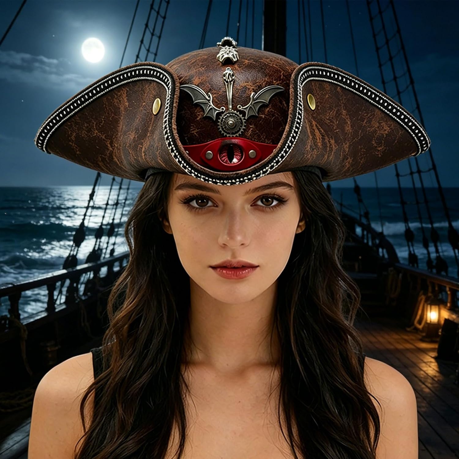 Devil Eye Black Pirate Hat with Alloy Decorations Perfect for Halloween Role Play and Themed Event Skull Pirate Hat